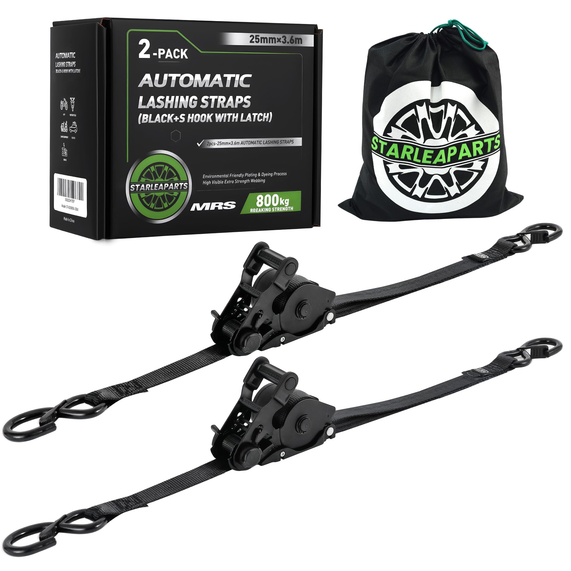 STARLEAPARTS 2 juegos de correas tensoras automáticas con gancho en S, enrollador automático de 3,6 m x 25 mm – 680 kg, resistencia a la rotura, correas tensoras retráctiles con trinquete para moto