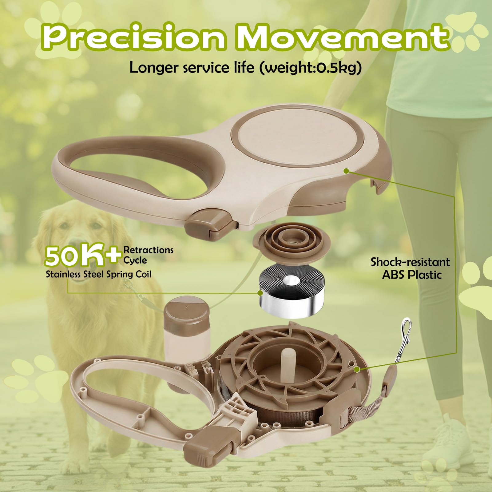 Hundeleine 8m, Robuste Rollleine für Hunde bis 50kg/110lbs, Flexileine mit Bequemen Griff & Kotbeutelhalter, 360°Anti-Verwicklung, für Kleine, Mittel & Große Hunde (Braun, 8 m)