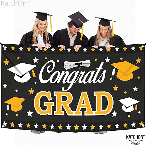 Miniatura 9 de KatchOn, Pancarta grande de felicitaciones, 72 x 44 pulgadas, telón de fondo de graduación, decoraciones de graduación 2023, negro y dorado,