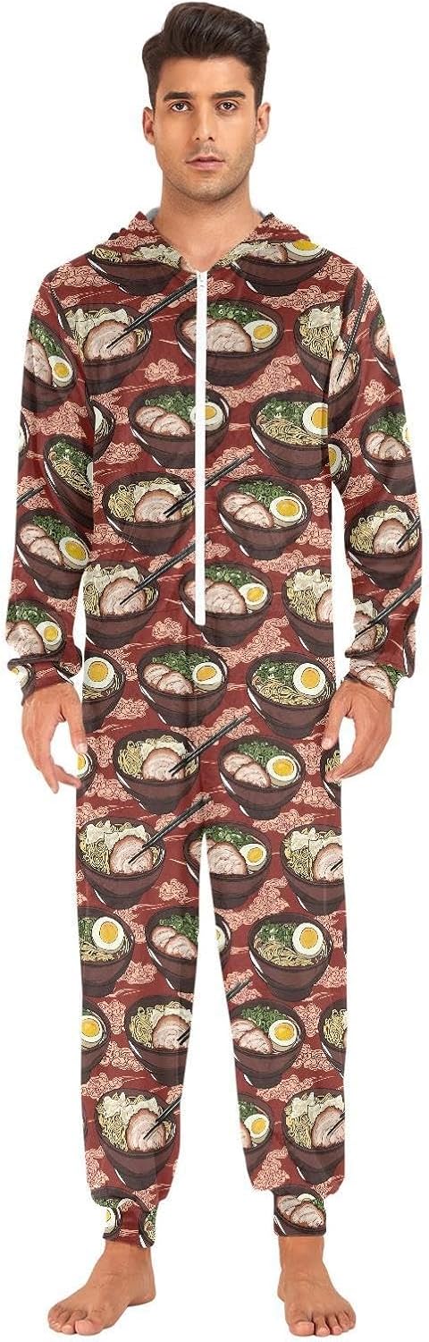 ZZKKO Japanese Ramen Red Rustic Adult Onesie Pajamas for Women Men Cozy One Piece Pajamas Costume Zip-Up Hooded S-XL