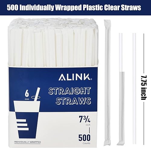 Miniatura 10 de ALINK Paquete de 500 popotes desechables de plástico negro, pajitas rectas envueltas individualmente, 7.75 x 0.23 pulgadas