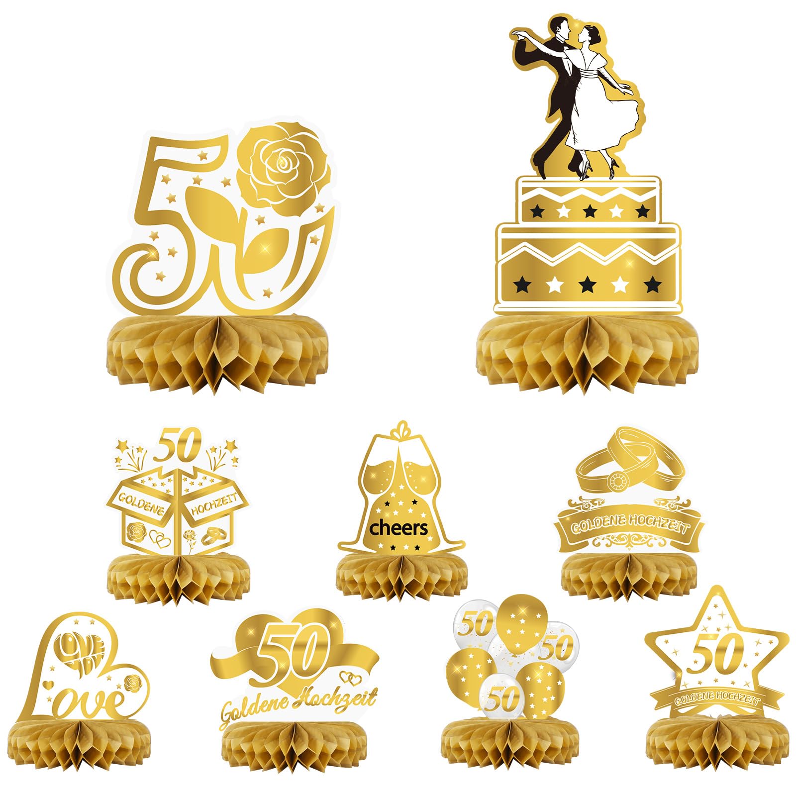 HONMOK - Juego de 9 centros de Mesa de Oro para Aniversario de Matrimonio Decoración de Mesa para Bodas de Oro de Papel 3D Topper de Mesa Dorado para 50 º Aniversario con 18 panales de Abeja Fiesta