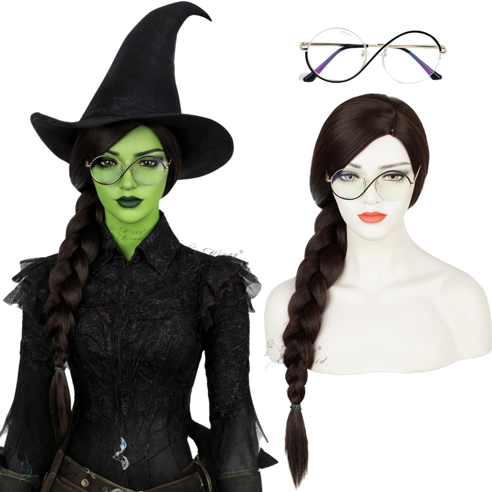 Wiggy Mermaid Brown Black Witch Wig and Glasses Accessories for Adult Women 80CM Long Brown Braided Wig+Cap for Halloween Witches Costume Party