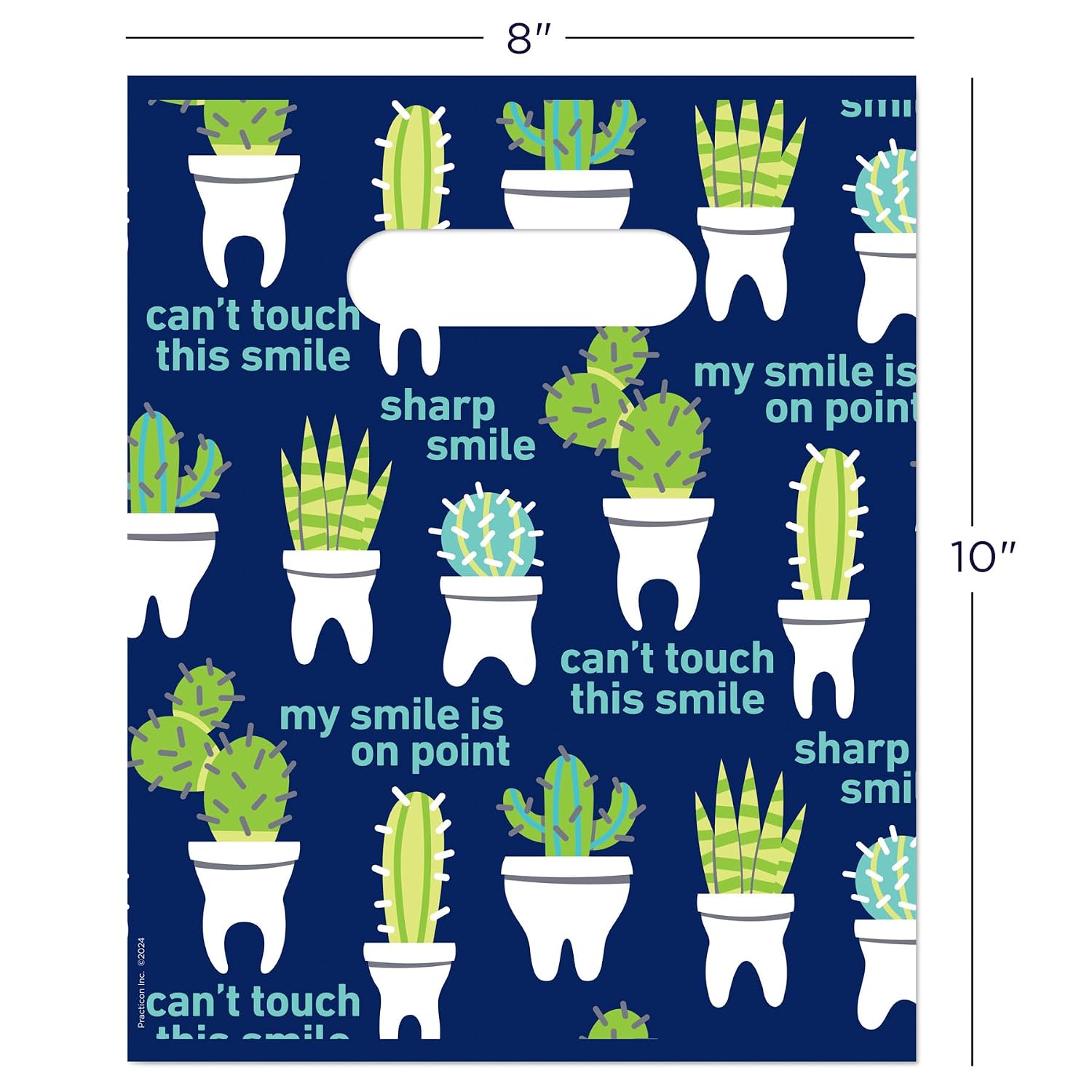 Practicon Cactus Teeth 8" x 10" Dental Giveaway Bag, Dental Hygiene Patient Care Goodie Bag, Dentist Office Plastic Gift Bags, 100 Pack