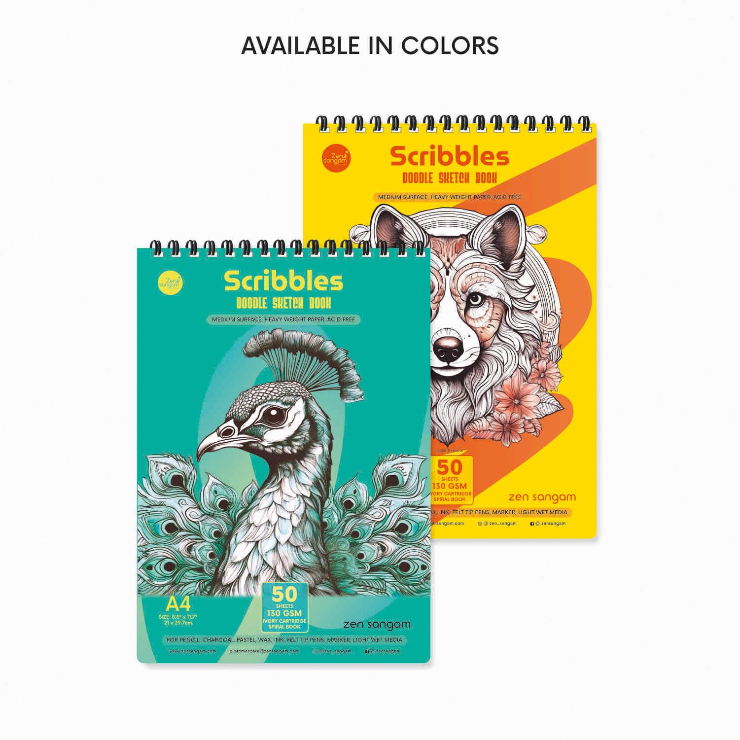 Zen Sangam Scribbles - Blocco da disegno, formato A4, 50 fogli, carta priva di acidi, rilegatura a spirale, per artisti, bambini e professionisti, ideale per pennarelli, matite colorate, carbone