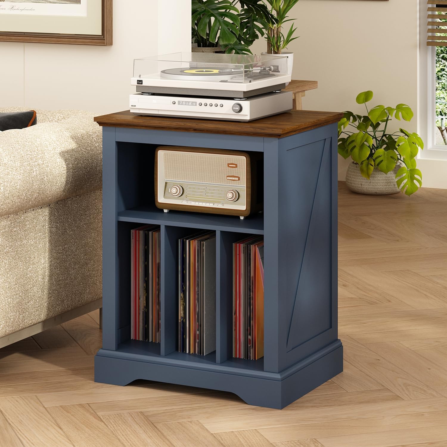 RowyPoey Farmhouse Record Player Stand, 3 Tier End Table, Turntable Stand with Vinyl Record Storage, Wood Record Holder Cabinet Dispaly Shelf for Living Room,Bedroom,Office,Antique White