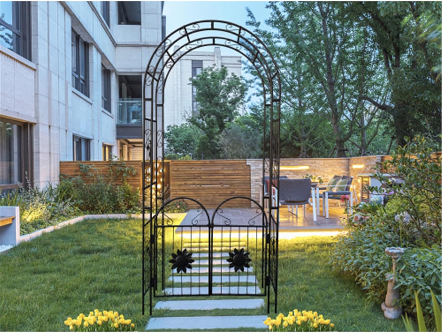 Metal Garden Arch with Doors Garden Arbor Trellis Climbing Plants Support Arch Outdoor Arch Wedding Arch Party Events Archway Black