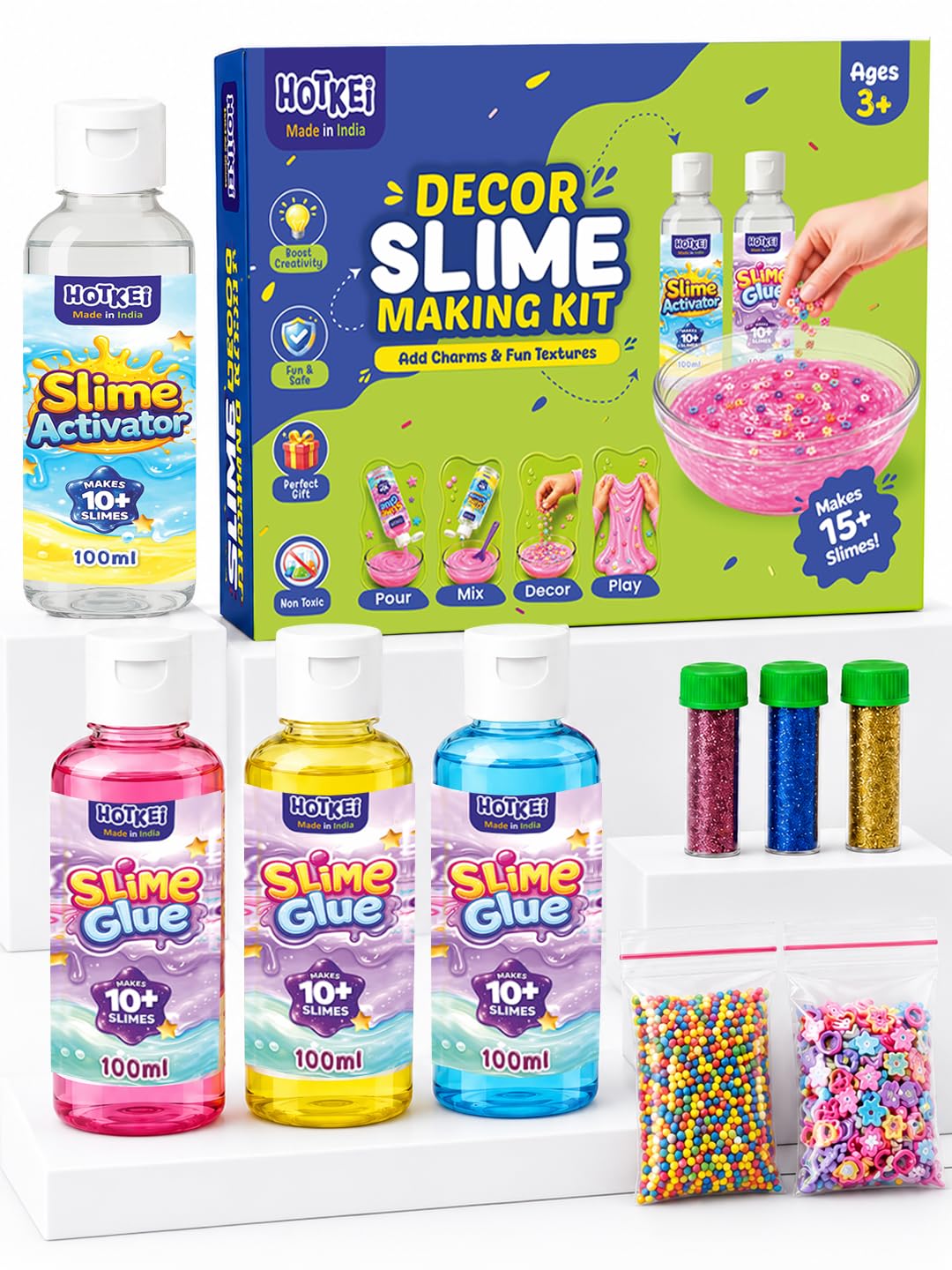 HOTKEI (Make 15+ Slimes Multicolor Scented DIY Toy Slimy Slime Activator Glue Gel Jelly Putty Making kit Set Toy Birthday Gift for Boys Girls Kids 3 Colored Glue | 1 Activator | Accessories-image-35