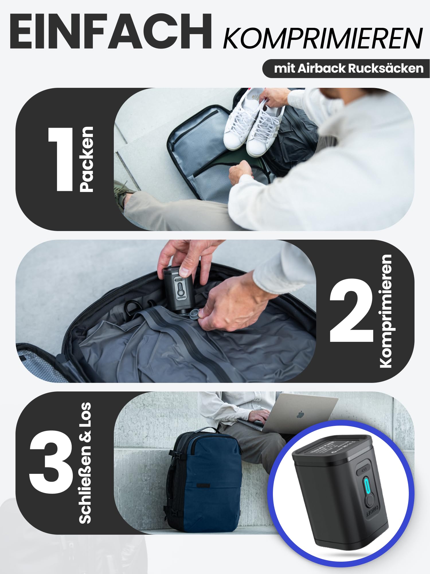 Airback Winzige Luftpumpe, tragbare elektrische Pumpe mit LED-Anzeige, Passend für alle unsere Rucksäcke, Mini Airpump, Schwarz