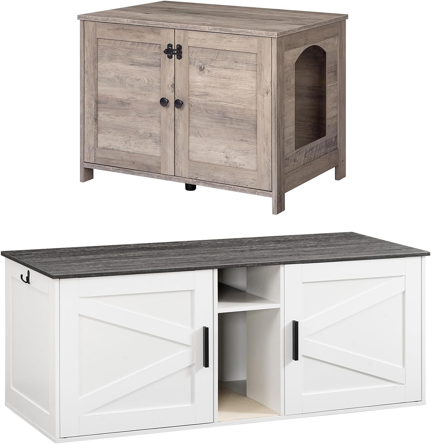 HOOBRO Double Litter Box Enclosure Bundle，Modern Cat Litter Box Furniture with Storage and Mat Design, Cat Litter Box Furniture with Removable Divider, BG03MW01G2-BW23MW01