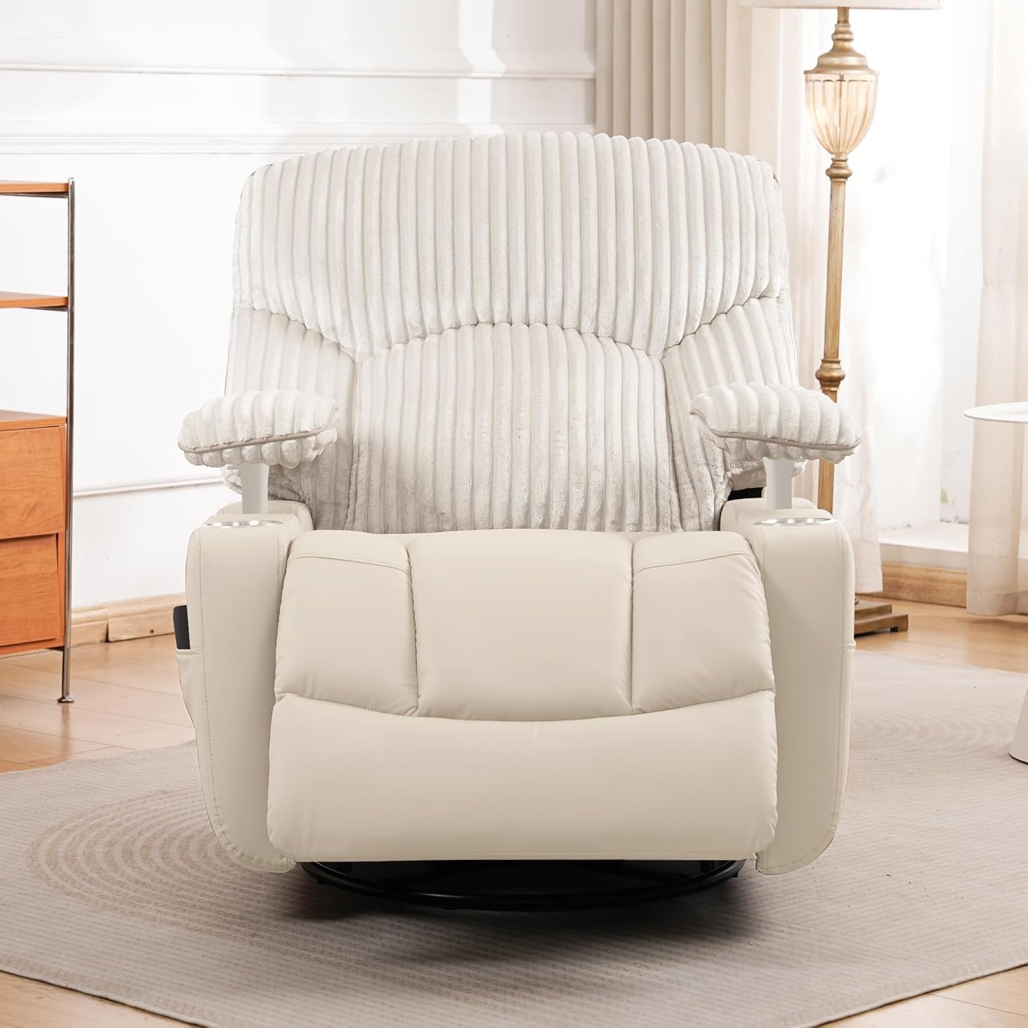 GRAINELL Rocking Chair Nursery, Electric Swivel Recliner Glider with Adjustable Armrests, Nursing Chair with USB Charger, Cup & Blanket Holders, Beige Corduroy & PU Leather