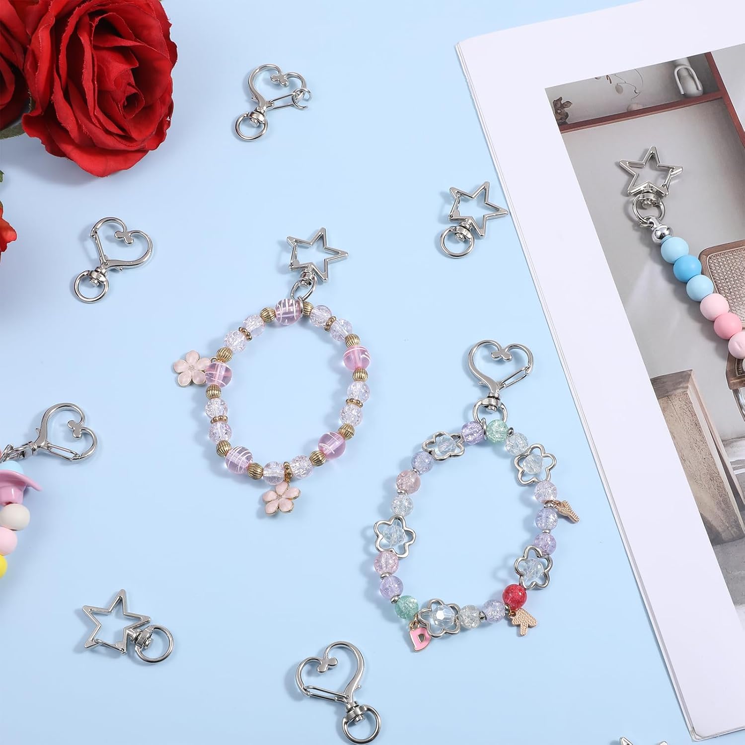 1 Box 40 Pcs Star Shaped Spring Snap Keychain, 2 Styles Star Heart Keychain Clip Metal Silver Swivel Lobster Claw Clasp Swivel Snap Hook Key Ring for DIY Crafts Jewelry Making Keychains