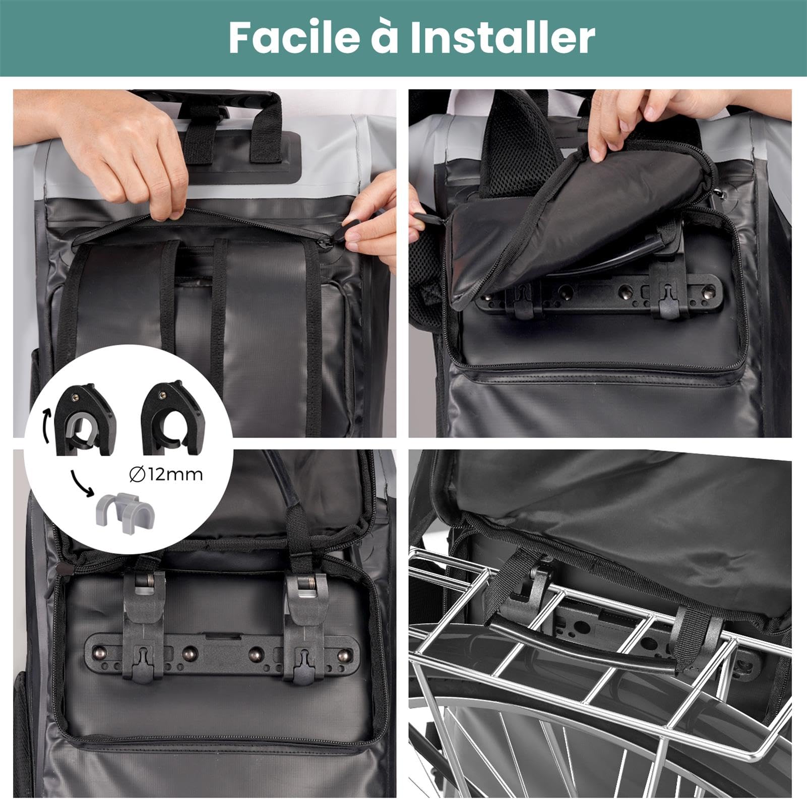 Sacoche Velo Porte Bagage Arriere 100% Imperméable avec Compartiment pour Ordinateur Portable 2 en 1 Sac à Dos & Sacoche Vélo Arriere pour Vélo, Déplacements Quotidiens, Voyages (Menthe, 28L)