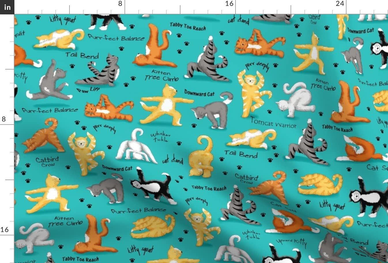 Spoonflower Fabric - Cat Turquoise Kittens Whimsical Teal Funny Yoga Words Workout Exercise Printed on Minky Fabric by The Yard - Sewing Baby Blankets Quilt Backing Plush