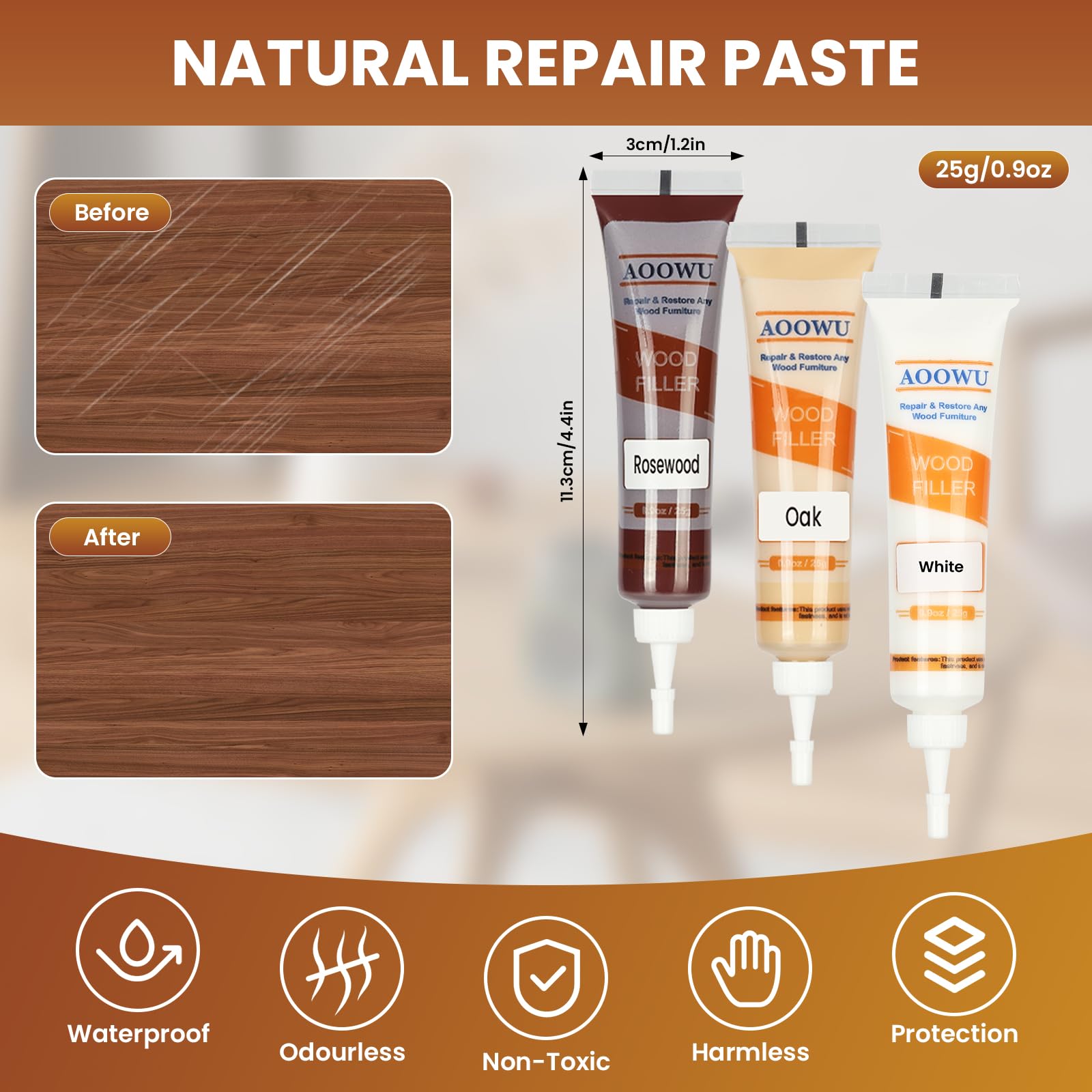 AOOWU Kit di Riparazione di Mobili, 12 Colori Set di Riparazione in Laminato, Kit di Riparazione per Legno, Stucco per Legno Riparare Eventuali Graffi, Crepe, Fori per Pavimenti, Tavoli, Porte