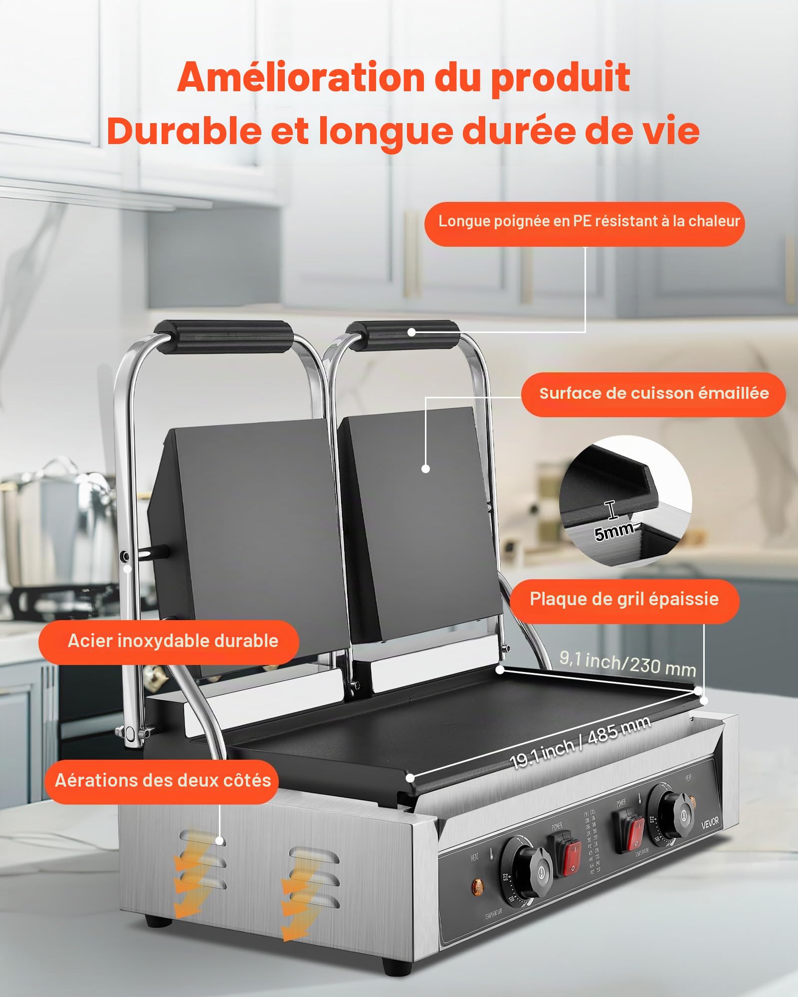 VEVOR Gril Panini Électrique de 3600 W, Double Presse à Panini avec Plaque Émaillée Plate de 48,5x23 cm, Appareil à Sandwich en Inox, Contrôle de la Température, pour Hamburger, Steak, Cuisine