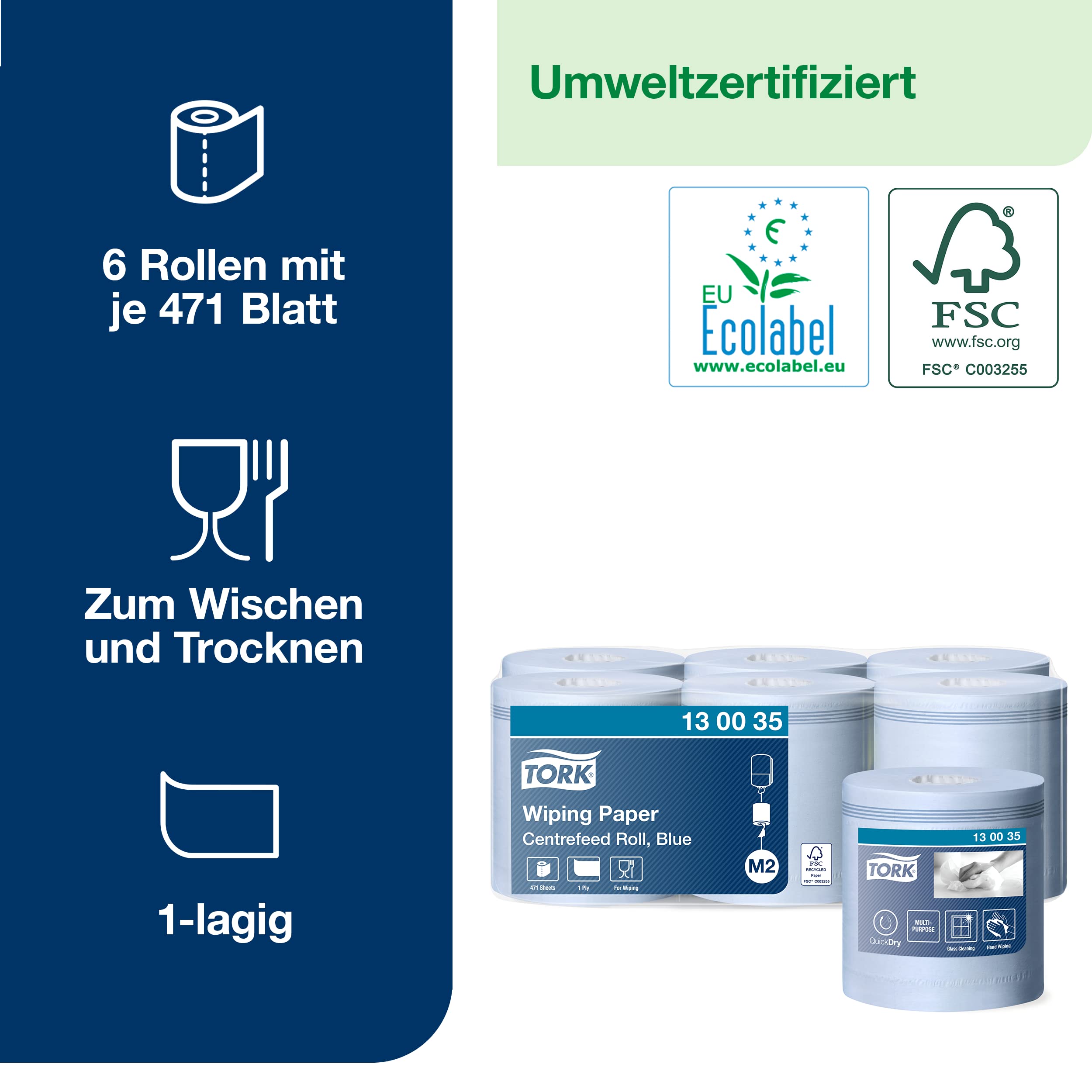 Tork Papierwischtücher mit Innenabrollung Blau M2, Saugfähig, 6 × 471 Blatt, 130035