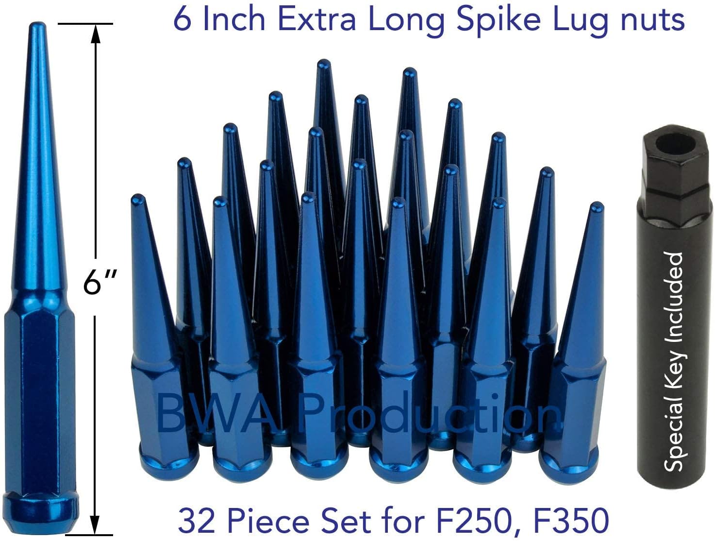32 PCs Extra Long 6" Tall 14x1.5 Blue Spike Lug Nuts with Key, Designed to Fit 2003-2019 Ford F-250 2WD 4WD and 1999-2019 F-350 Aftermarket Wheels Only