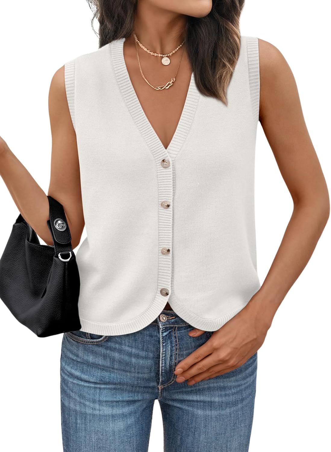 LILLUSORY Womens V Neck Sweater Vest Soft Thick Knit Sleeveless Button Down Fall Layering Tops