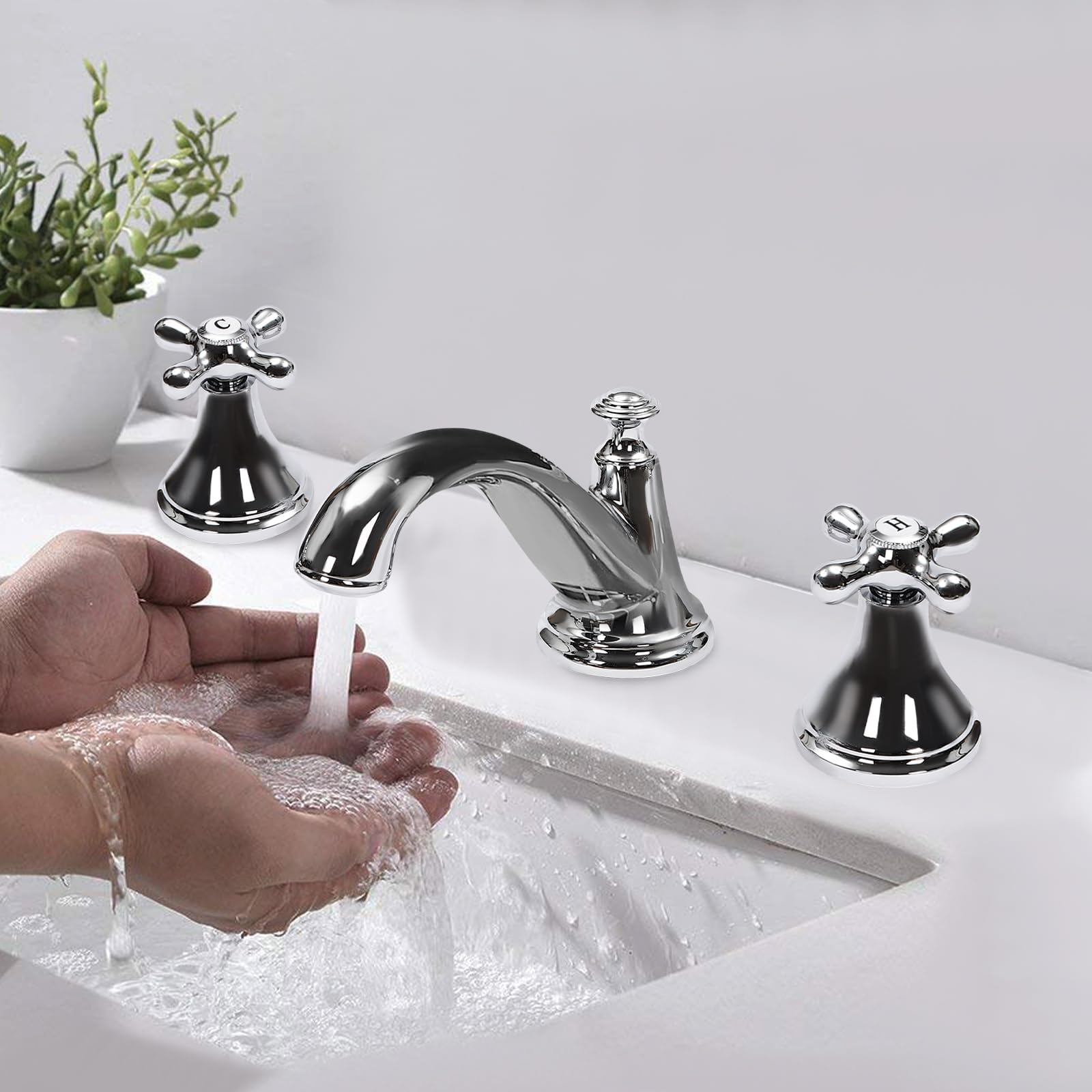Rubinetto lavabo a 3 fori argento lavabo miscelatore con 2 maniglie, rubinetto per acqua calda e fredda