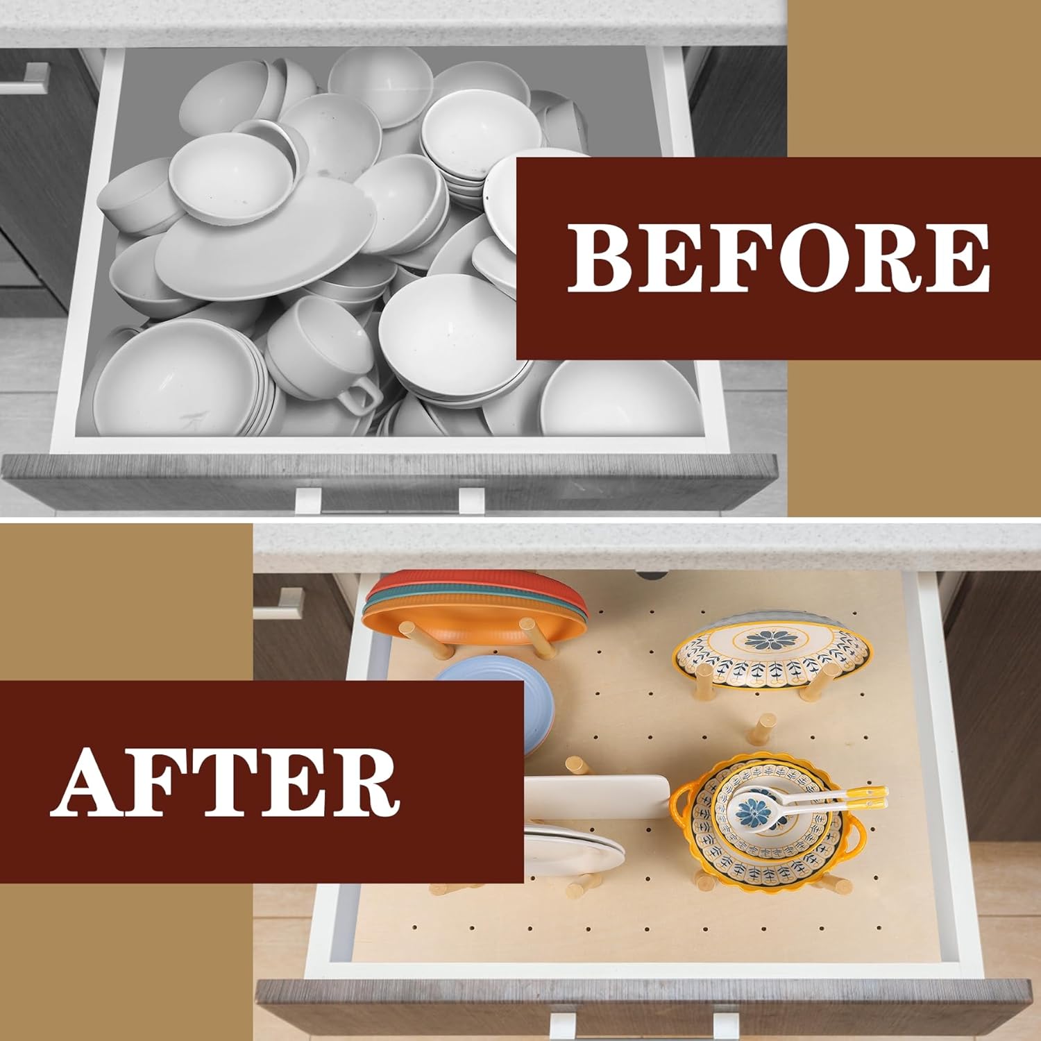 Pegboard Drawer Organizer（30×21in） Peg Board for Drawers,Peg Board Drawer Organizer Kitchen Pegboard Divider Organizer Adjustable Trimmable，15PCS Wooden Peg