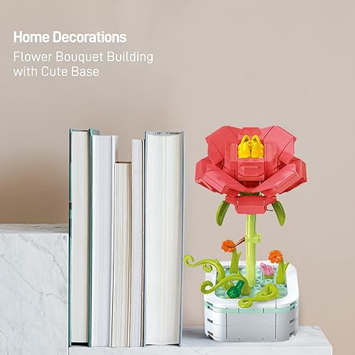Miniatura 2 de Juego de construcción de ramo de flores con base, flores artificiales de peonía roja, bloques de construcción para decoración de oficina en casa,
