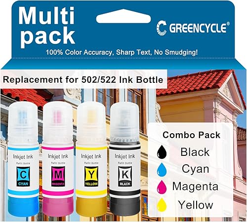 greencycle Botella de tinta de repuesto 522 para tinta compatible con T522, funciona con impresoras ET-2803 ET-2800 ET-2720 ET-4800 ET-4700