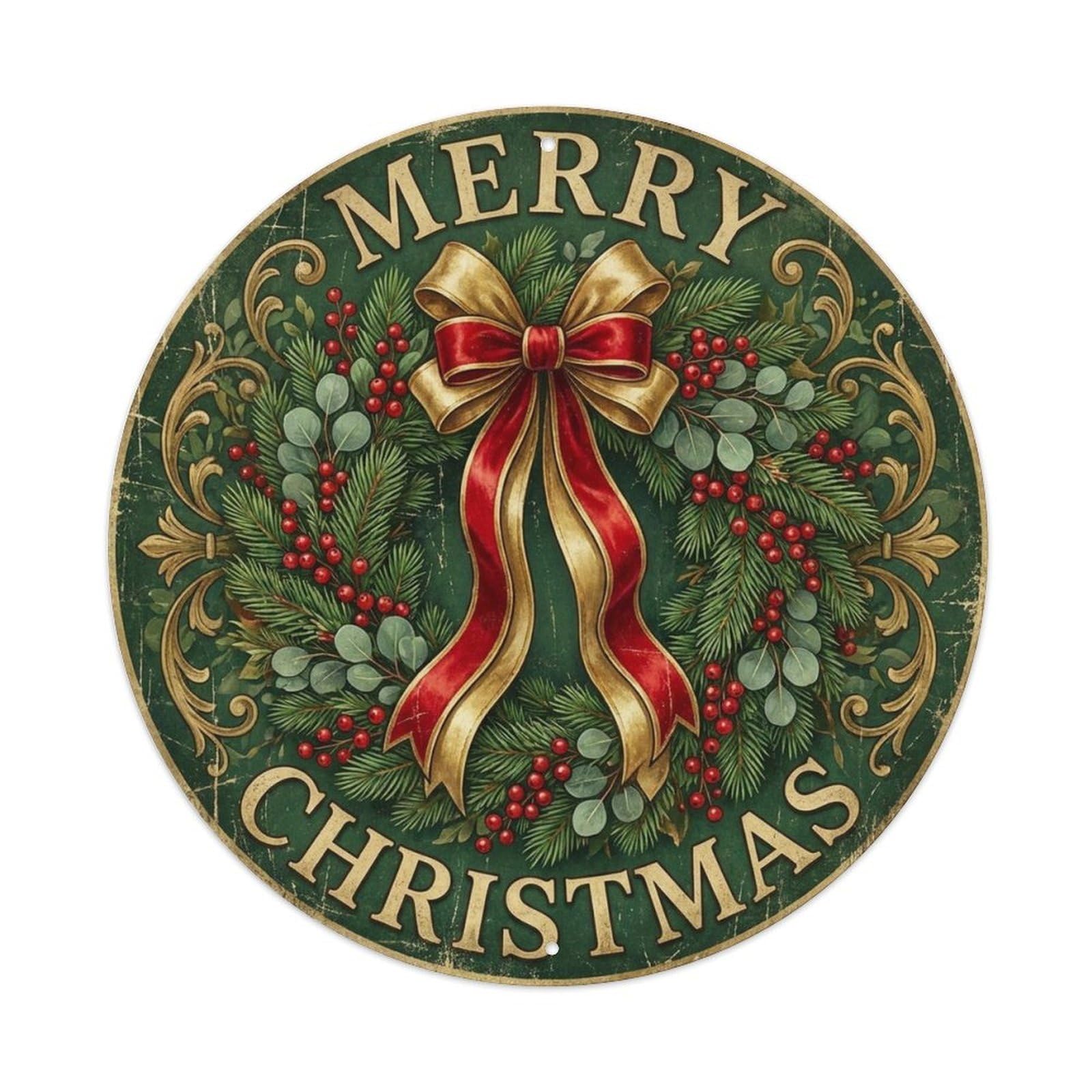 Merry Christmas Festive Wreath Ribbon Metal Tin Sign