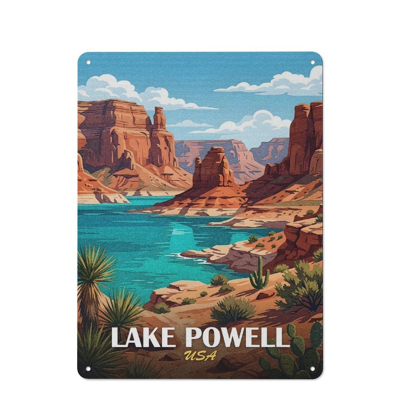 Junmoney Style-19 Lake Powell Usa Landscape Illustration Metal Wall Plaque 40X30cm, Character Room Wall Plaque For Hallway, Home Bar, Garage Or Study