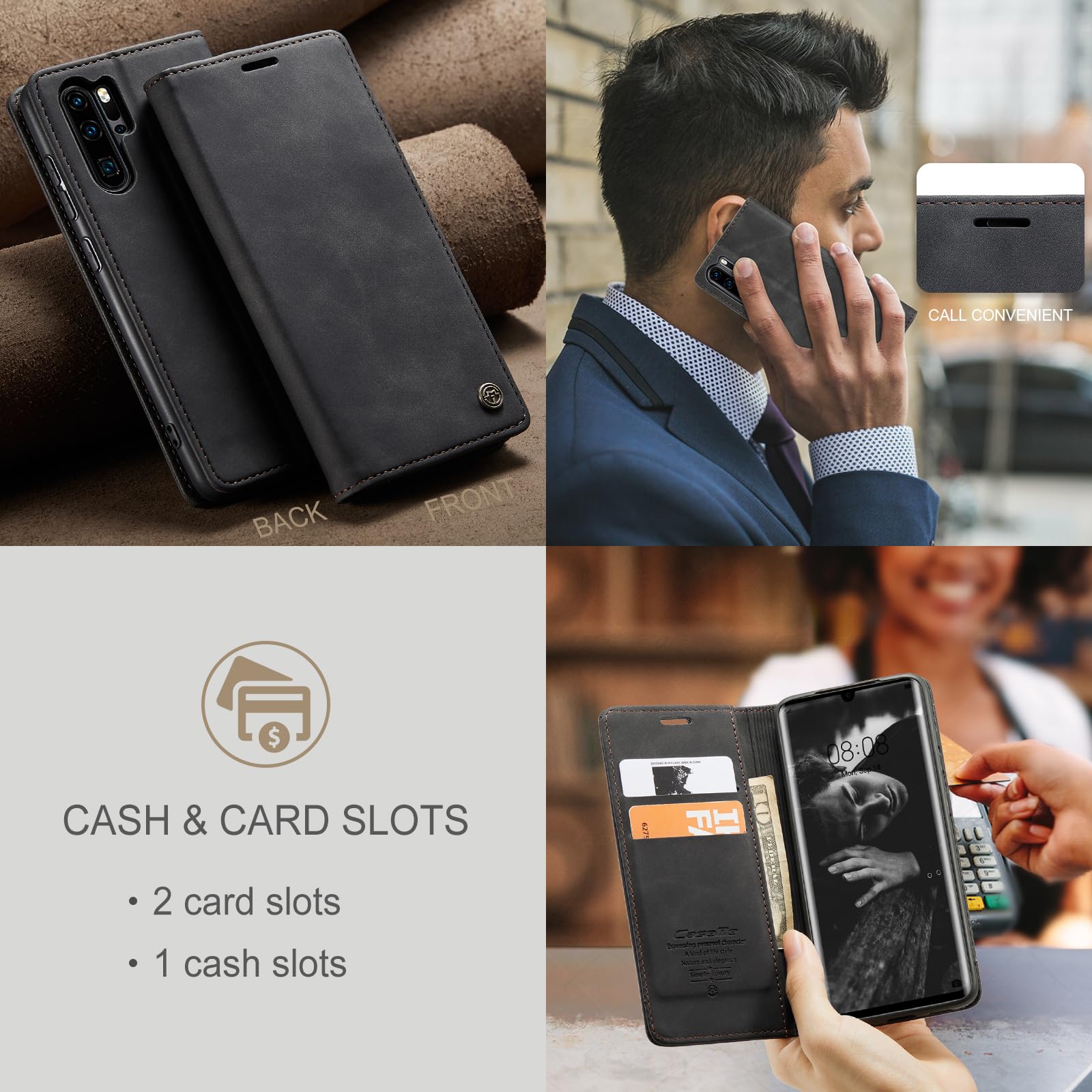 Etui do Huawei P30 Pro, portfel ze skóry PU, z uchwytem na karty, Kompatybilny Kabura magnetyczna, odporne na wstrząsy etui na telefon z klapką do Huawei P30 Pro, Czarne