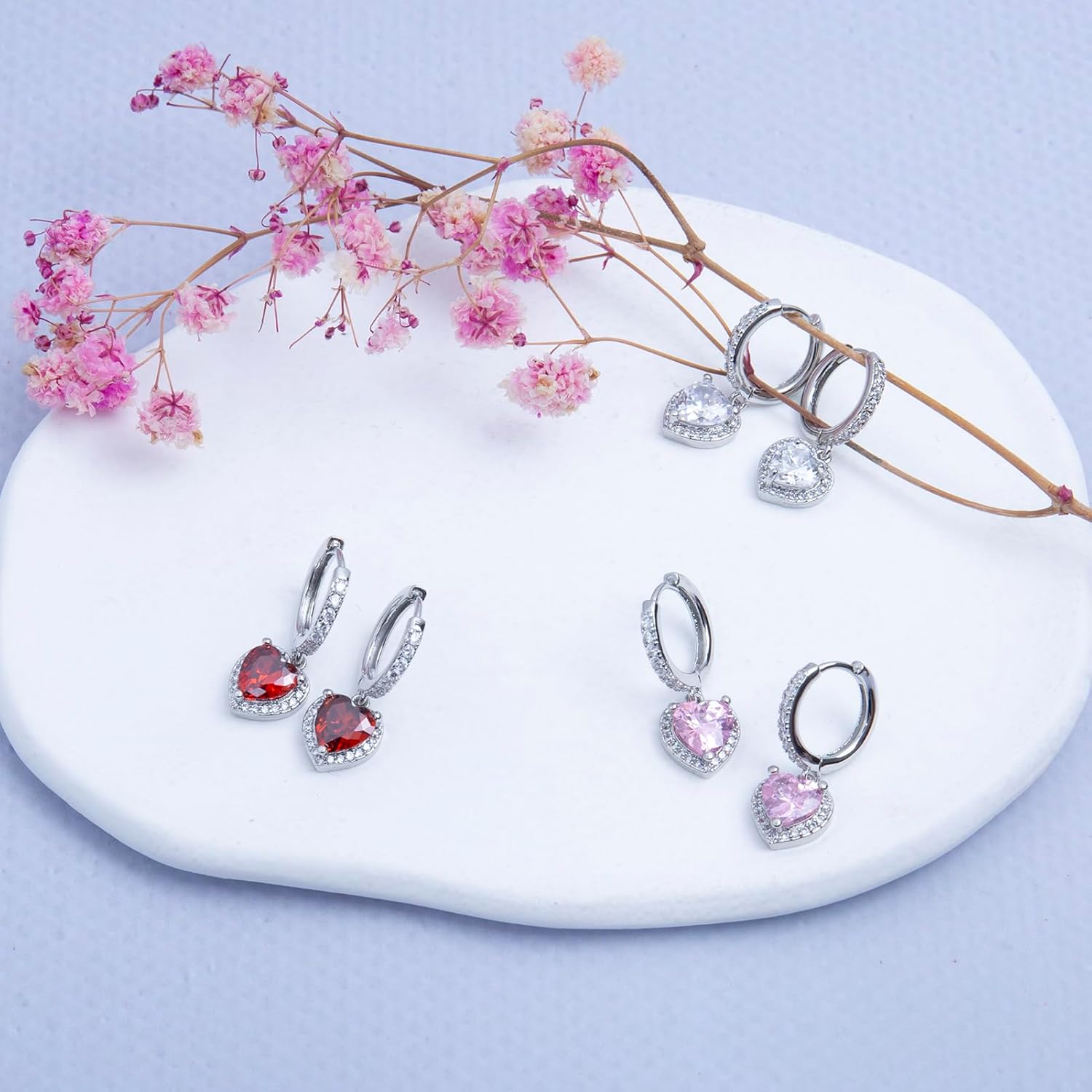 14K Gold Plated Dangle Drop Heart Hoop Earrings for Women Trendy Small White Gold Cute Huggie Earrings Cubic Zirconia Hypoallergenic Pink Red Heart Earrings Gifts for Women - Image 3