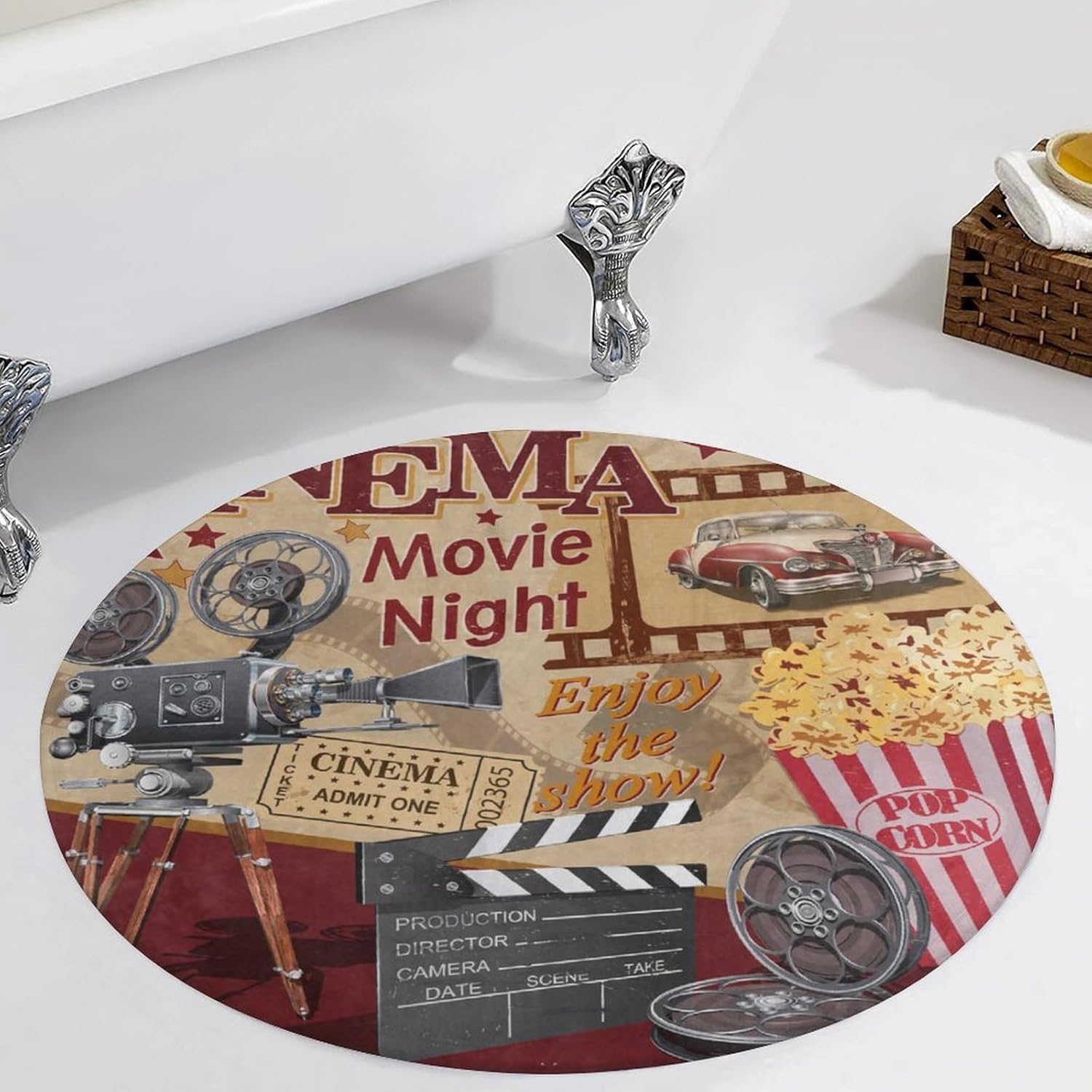 Cinema Movie Theater Round Rug Movie Night Decorations Vintage Circle Area Rug Round Carpet for Party Living Room Bedroom 3 ft