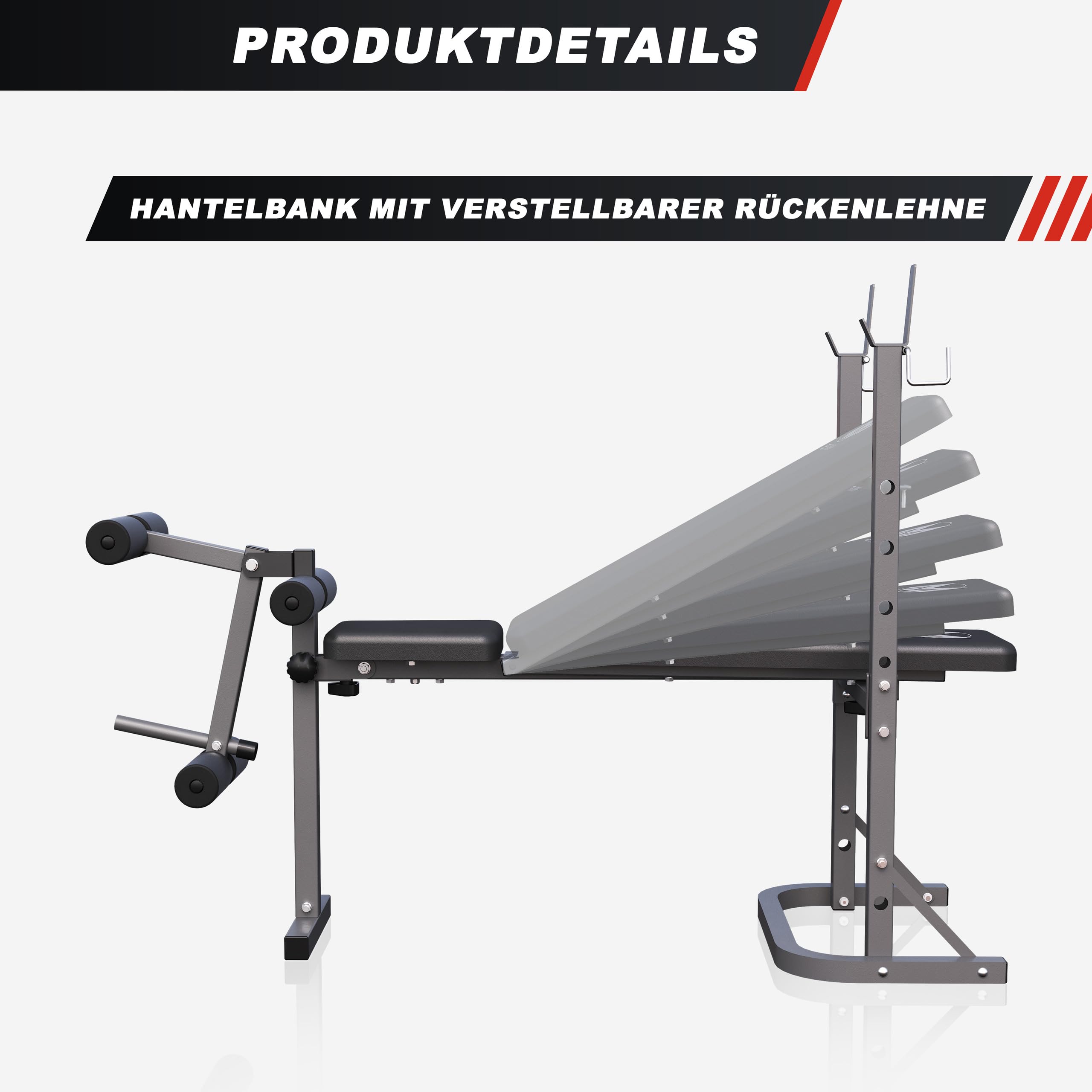 GYRONETICS® Hantelbank klappbar, 3-fach verstellbar, Ablage, bis 220 kg | Mit Beincurler, Federverschluss, Stahlrahmen und Kunstlederpolster; Trainingsbank, Schrägbank, Sit-up-Bank, Kraftstation
