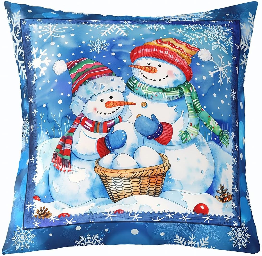 Cute Christmas Snowman Pillow Cover Xmas Winter Holiday Style Cushion Case for Office Chairs Sofa Christmas Tree Snowflake Decorative Soft Pillow Case for Teens Kids 24×24 Inch
