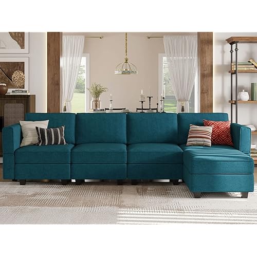 Belffin L-Shaped Sofa with Storage Seat Fabric Modular Sectional Couch Reversible Chaise L Couch Sectionnal Sofa Peacock Blue