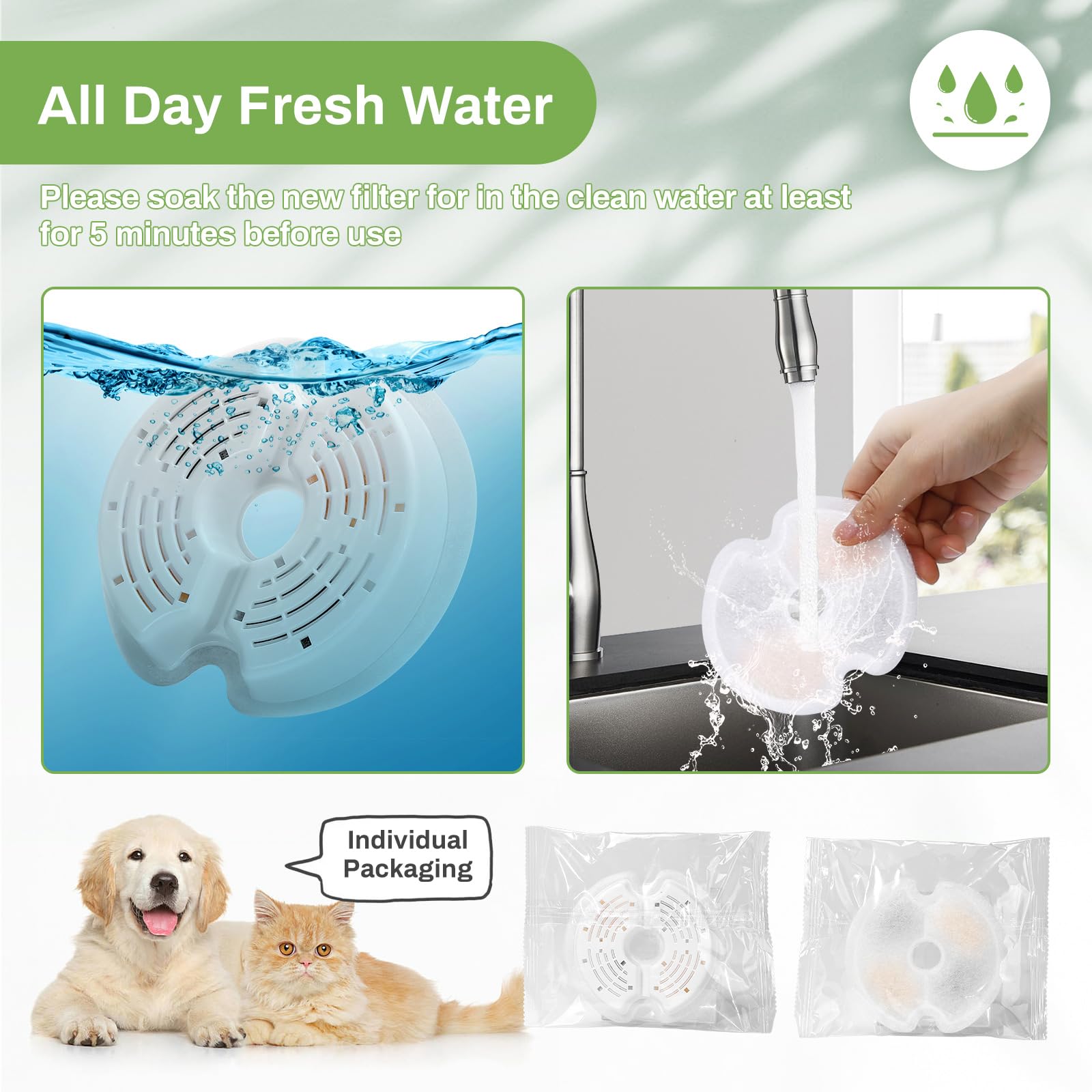 Filtro per fontana d'acqua per gatti, 8 pacchetti di filtri di ricambio per fontana per gatti da 67 oz/2L, 8 pacchetti di filtri e 8 pacchetti di filtri in schiuma per fontana per animali domestici