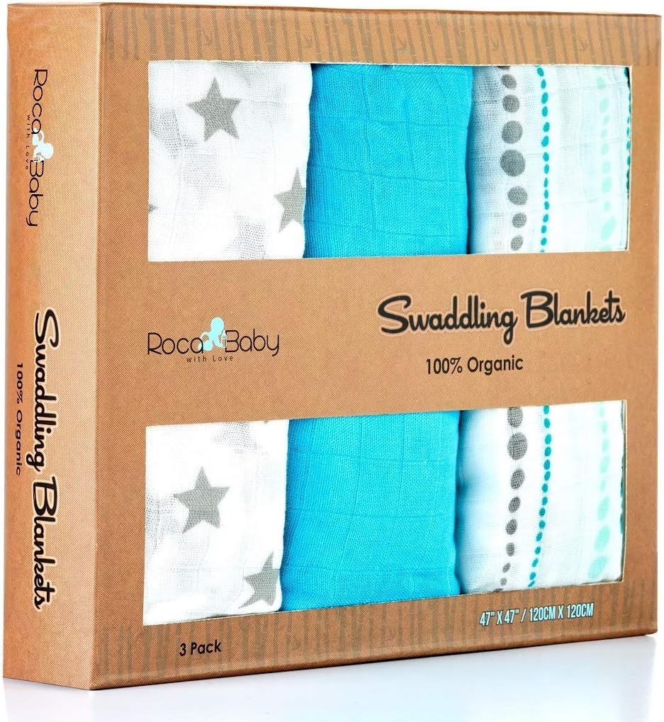 100% Organic Swaddle Blankets | Softest Breathable Bamboo Muslin | Newborn or Toddlers | Unisex Design for Boy or a Girl | Hugh 47x47 Inches | RocaBaby Best Baby Shower Gift - 3 Pack