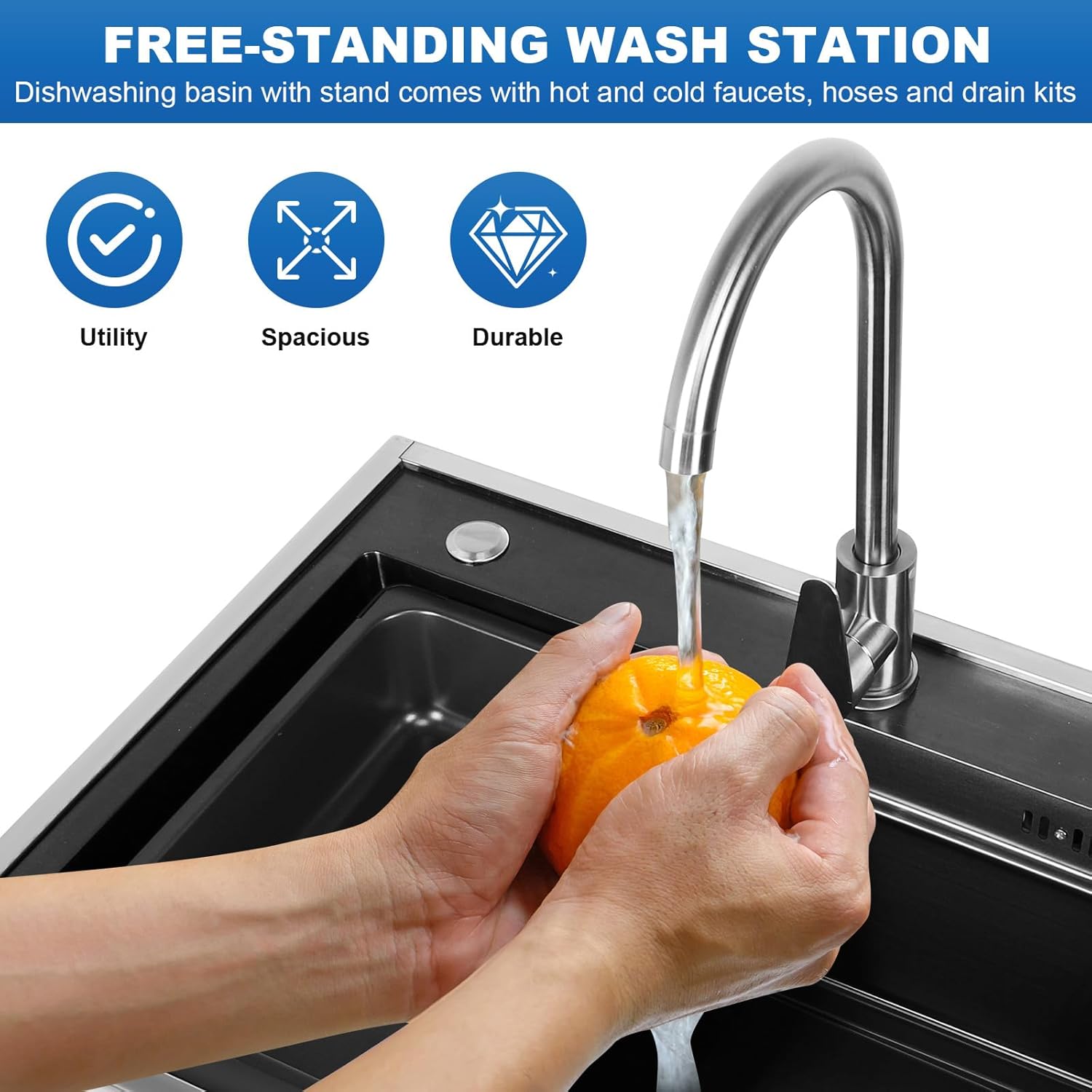 Stainless Steel Utility Sink Adjustable Stand Freestanding Sink Hand-Made Basin Sink for Kitchen Bathrooms Laundry Room