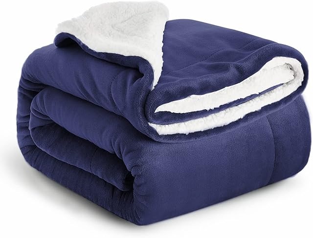 IR Imperial Rooms Sherpa Fleece Blanket Bed Throws Blankets For Sofas Soft Fluffy Thick Blanket Reversible Microfiber Throw (Navy, Double (150 x 200 Cm))
