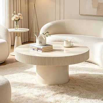 Round Fluted Coffee Table Handcrafted Relief Drum End Table