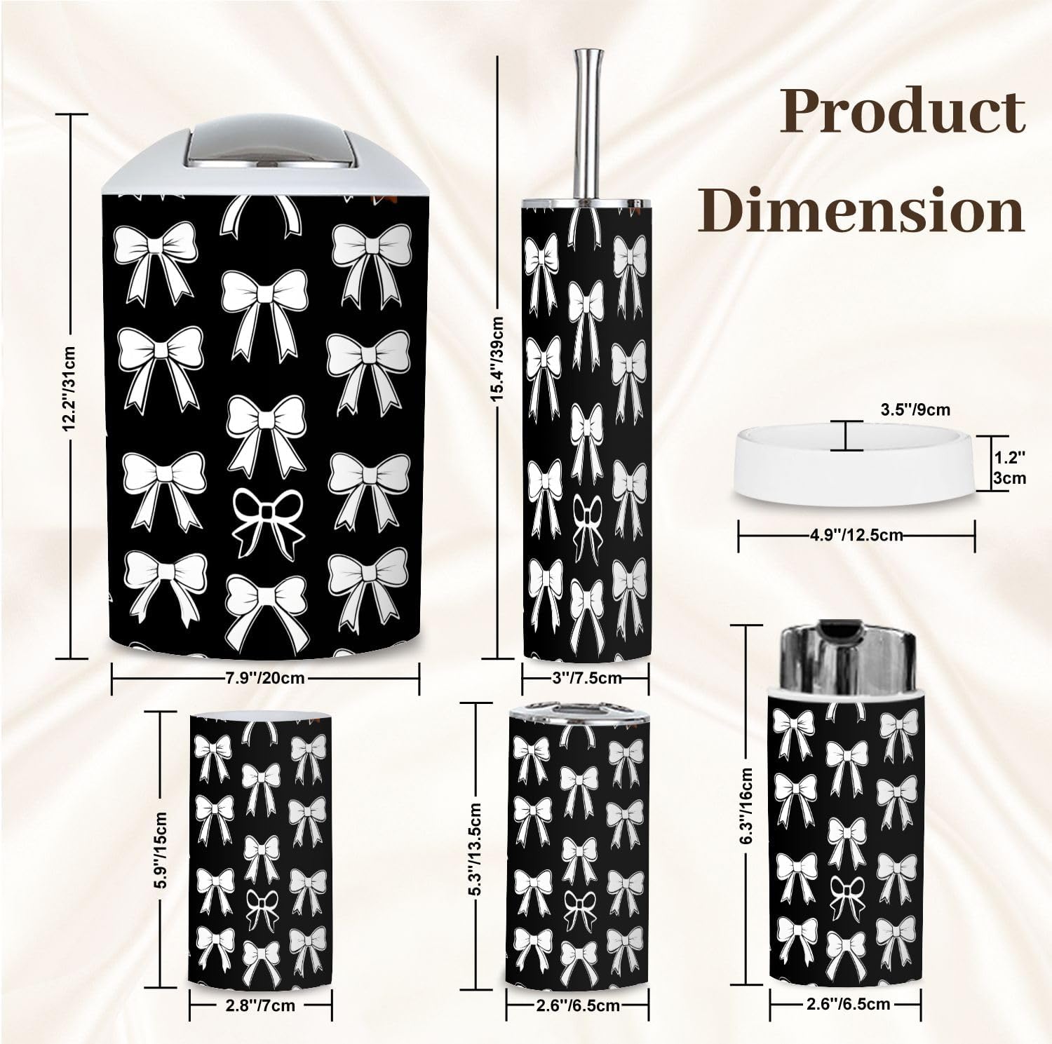 Bathroom Accessory Set 6PCS Black White Bow Dark Trash Can, Soap Dispenser, Toothbrush Holder, Toothbrush Cup, Toilet Brush Holder, Soap Dish for Gifts