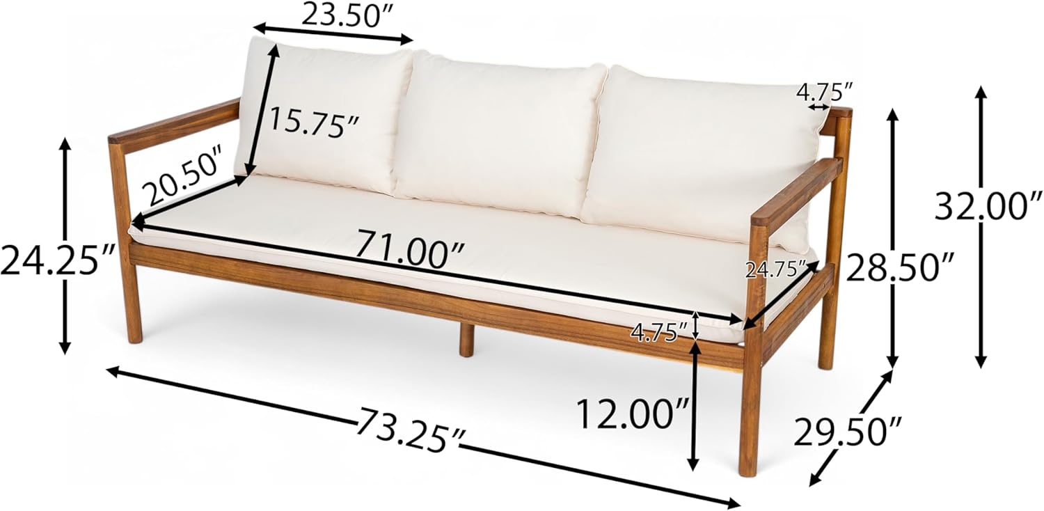 Christopher Knight Home Camila Outdoor 3 Seater Sofa with Cushion, Acacia Wood Patio Lounge Sofa with Woven Rope Back, Spacious Seating Couch for Backyard Garden Porch, Cream + Teak