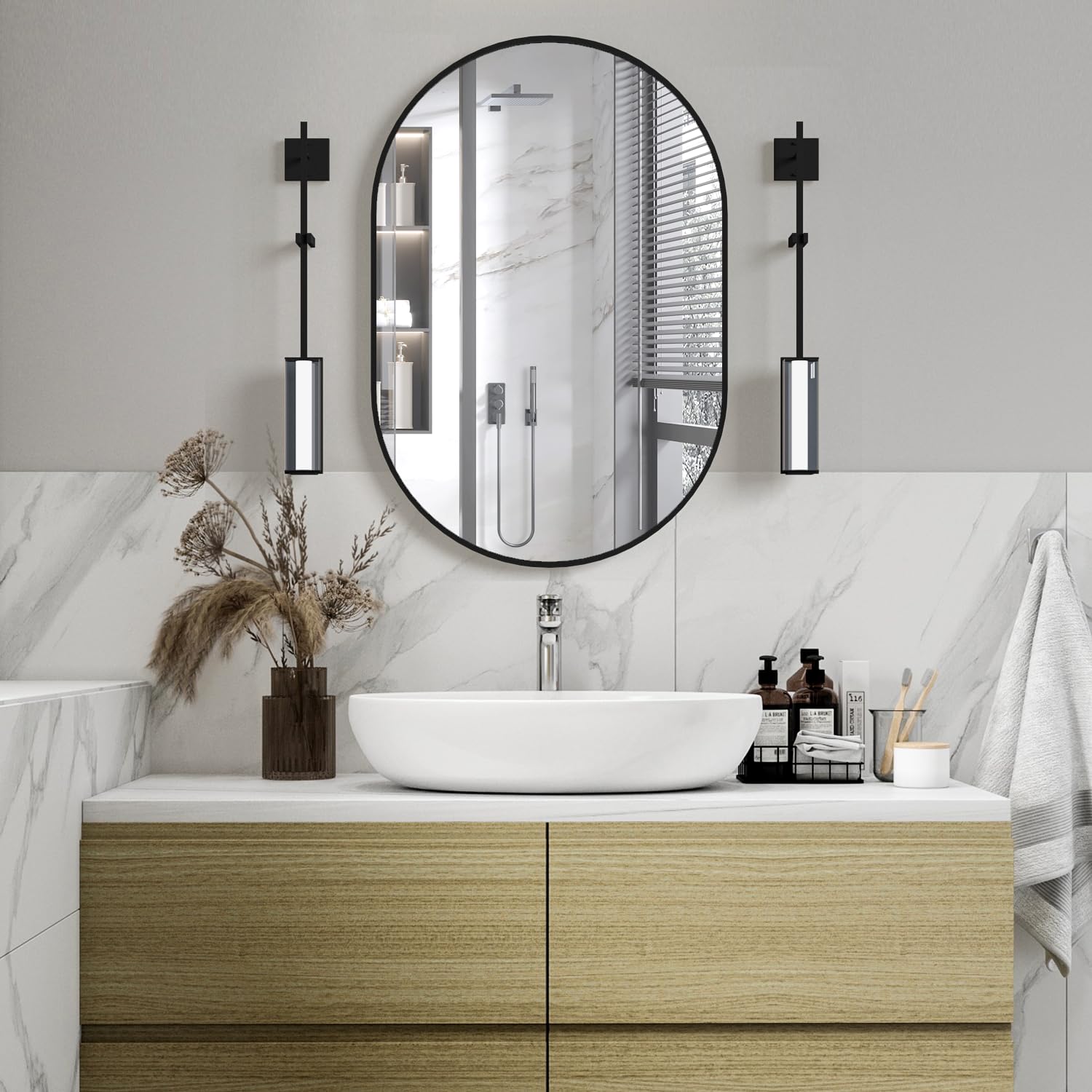 Espejo Ovalado para baño, 60 x 90 cm Espejo de Pared Ovalado, Negro Espejos ovalados para Muebles de Lavabo, Espejo de Pared Tipo cápsula, Espejo Oval Moderno de Aluminio