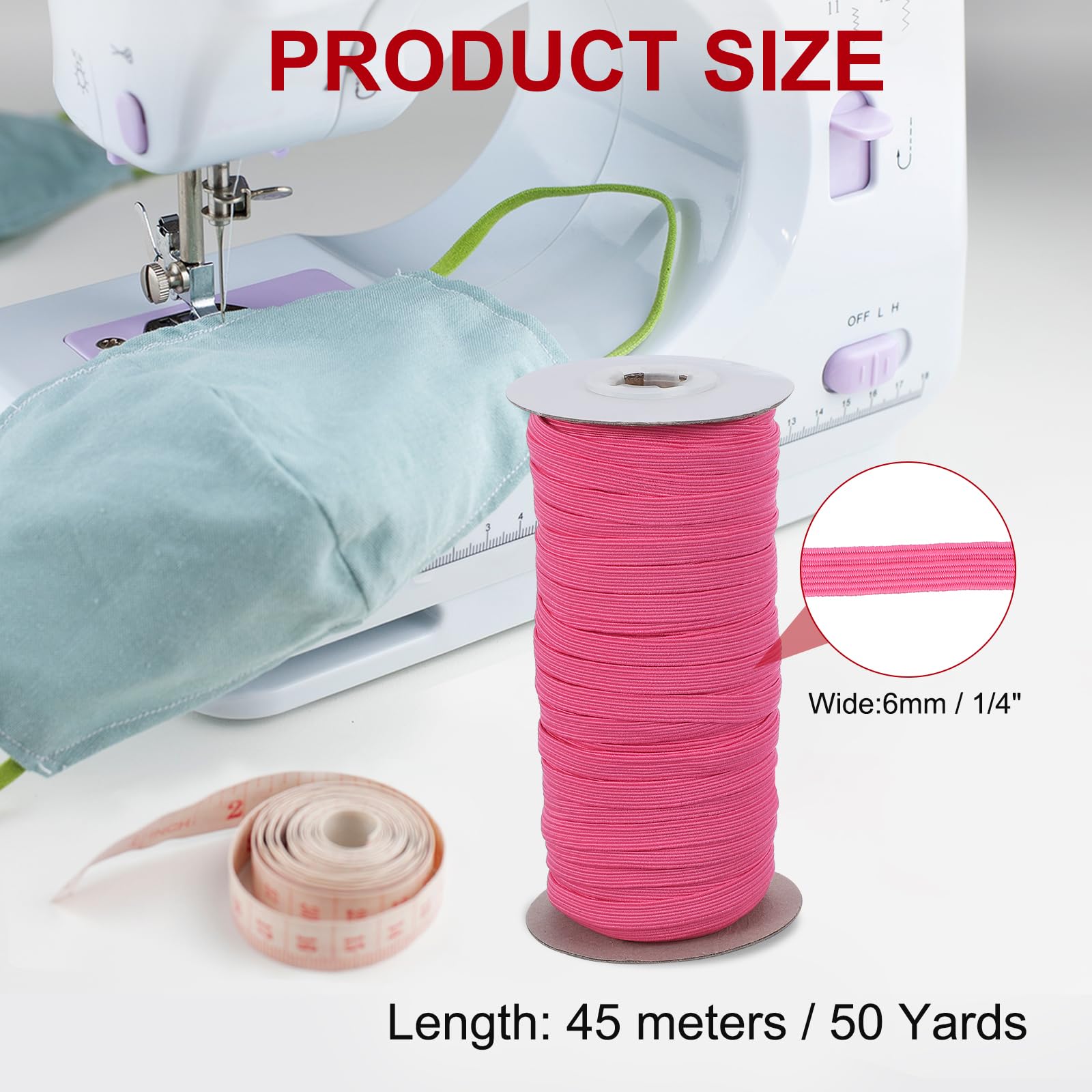 PATIKIL Elastic Bands 6mm x 45 Meters, Polyester Flat Elastic Cord Stretch Strap for Sewing Crafting DIY Bright Pink - Image 2