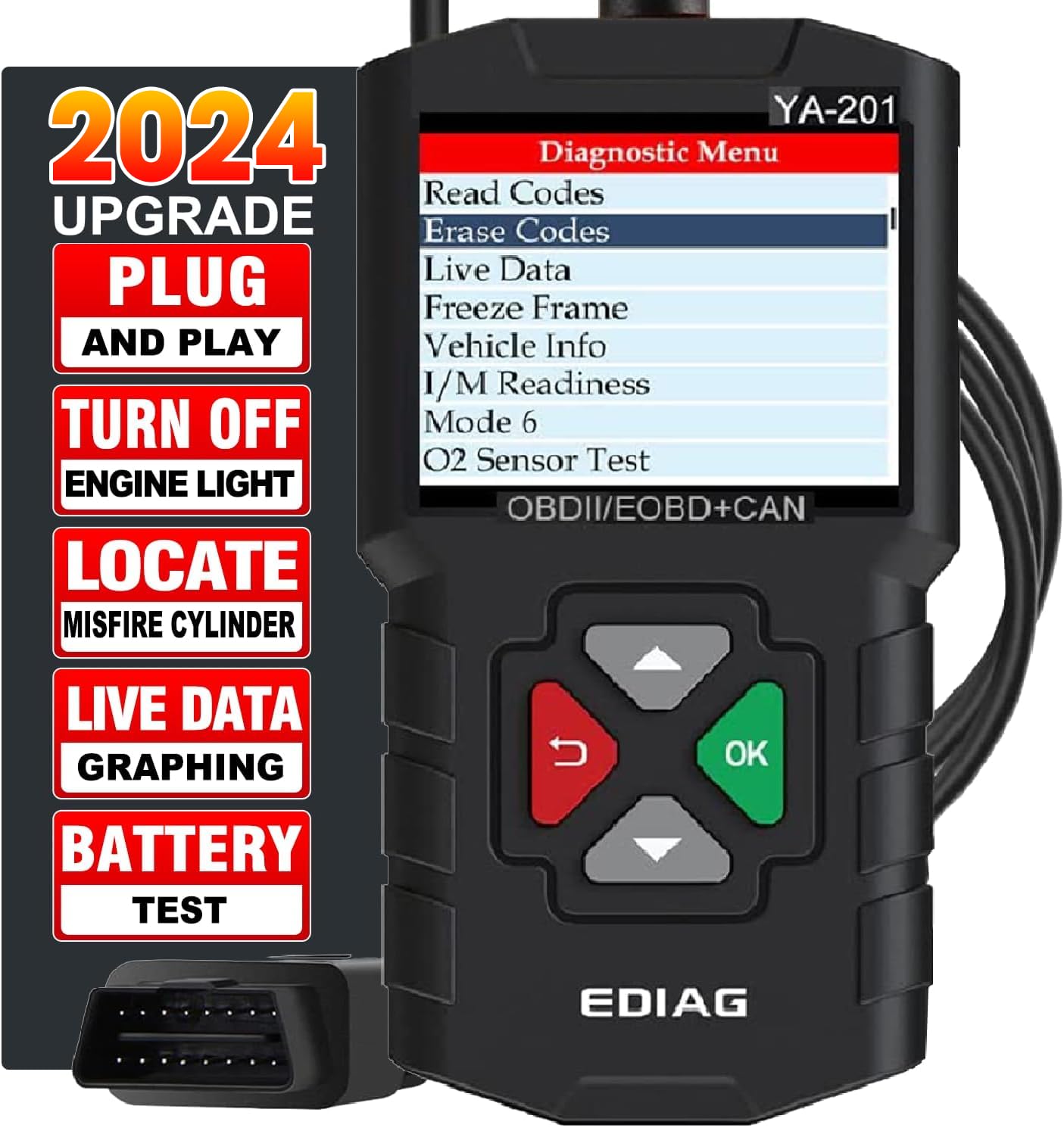 EDIAG YA201 OBD2 Scanner Mode 6 Mode 8 Live Data Graph Automotive Engine Fault Code Reader CAN Diagnostic Scan Tool EVAP Test O2 Sensor Full OBDII Function – Lifetime Free Update