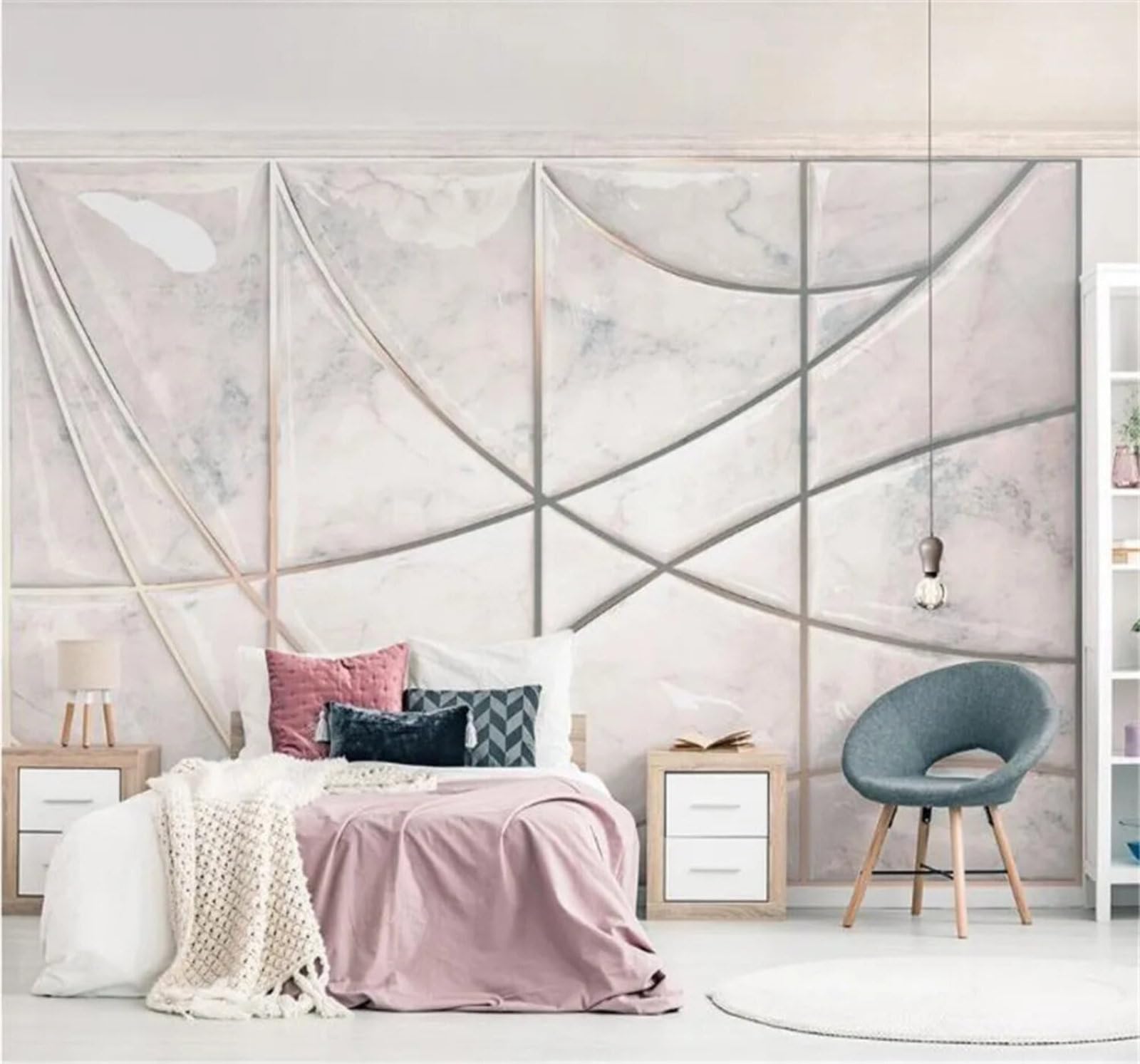 Tzxztt Minimalist Geometric White Faux Marble Texture Modern 3D Wallpaper Premium Textured Silk Neutral Tones Material Ideal for Living Room Bedroom-400cm×280cm