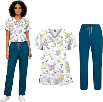 Yodilala Printed Scrubs for Women Nurse uniforms V NeckShort Sleeve Stretch Nursing Scrubs SetUniform