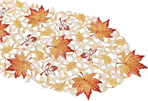 Miniatura 8 de GRANDDECO Camino de mesa de cosecha de Acción de Gracias de otoño, 13 x 34 pulgadas, hojas de arce bordadas de otoño, cubierta de mesa, para el