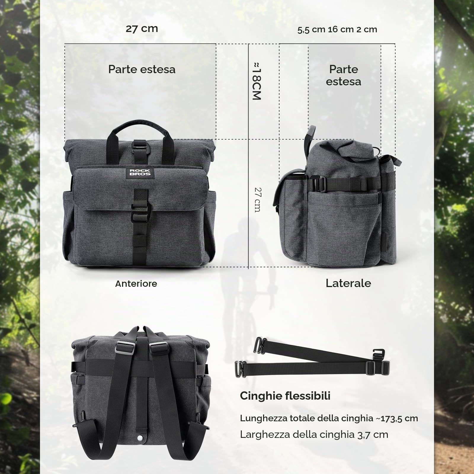 ROCKBROS Borsa Manubrio Bici Brompton, Zaino con Apertura a Roll-top per Il Pendolarismo Quotidiano, Borsello Anteriore della Bicicletta Brompton per Trekking, Viaggiare, Ciclismo