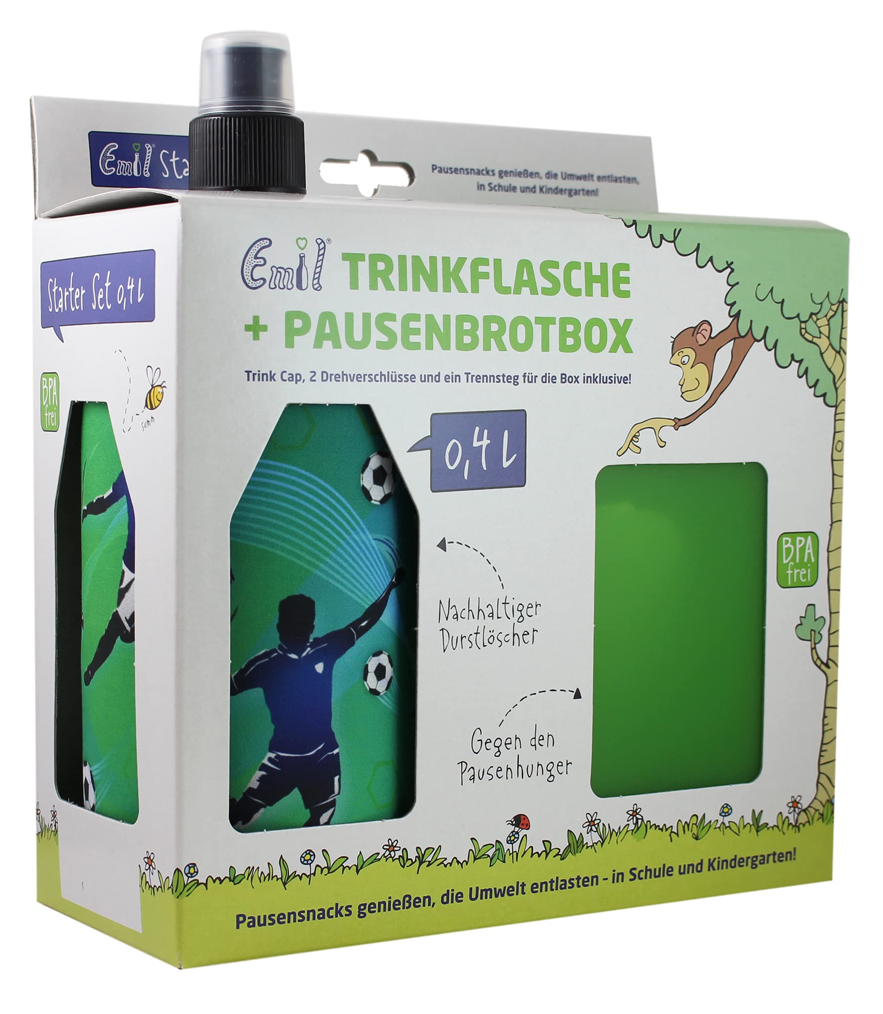 Emil Trinkflasche aus Glas inkl. Brotbox & Ersatzverschlüsse – Starterset zur Einschulung - BPA-frei & schadstofffrei, isolierend – Ziehverschluss für Wasser, Saft & Milch – Goal (0,4l)